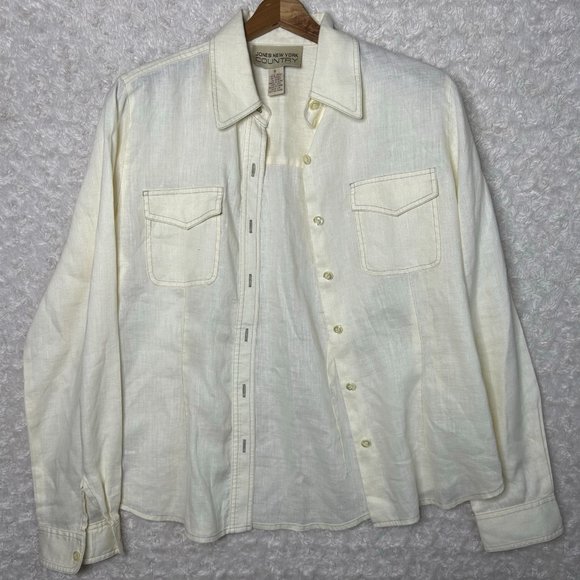 Jones New York Linen Button Down Shirt Long Sleeve Pockets Cream Size 8 - Picture 4 of 6